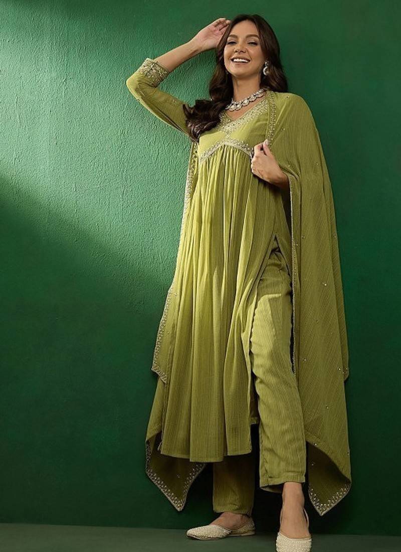 green georgette embroidered straight kurta pant and dupatta set