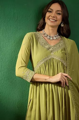 green georgette embroidered straight kurta pant and dupatta set