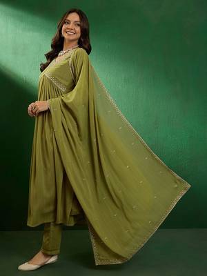 green georgette embroidered straight kurta pant and dupatta set 3