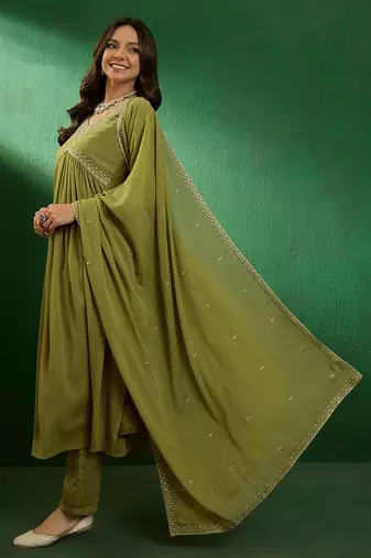 green georgette embroidered straight kurta pant and dupatta set