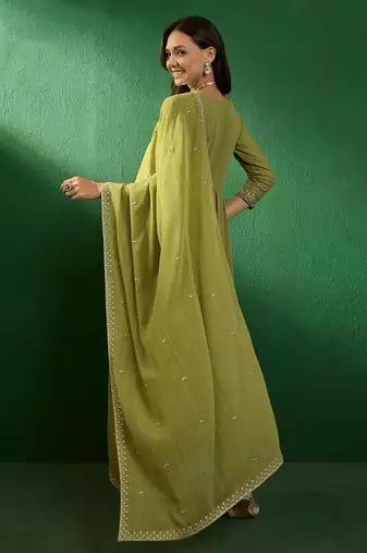 green georgette embroidered straight kurta pant and dupatta set