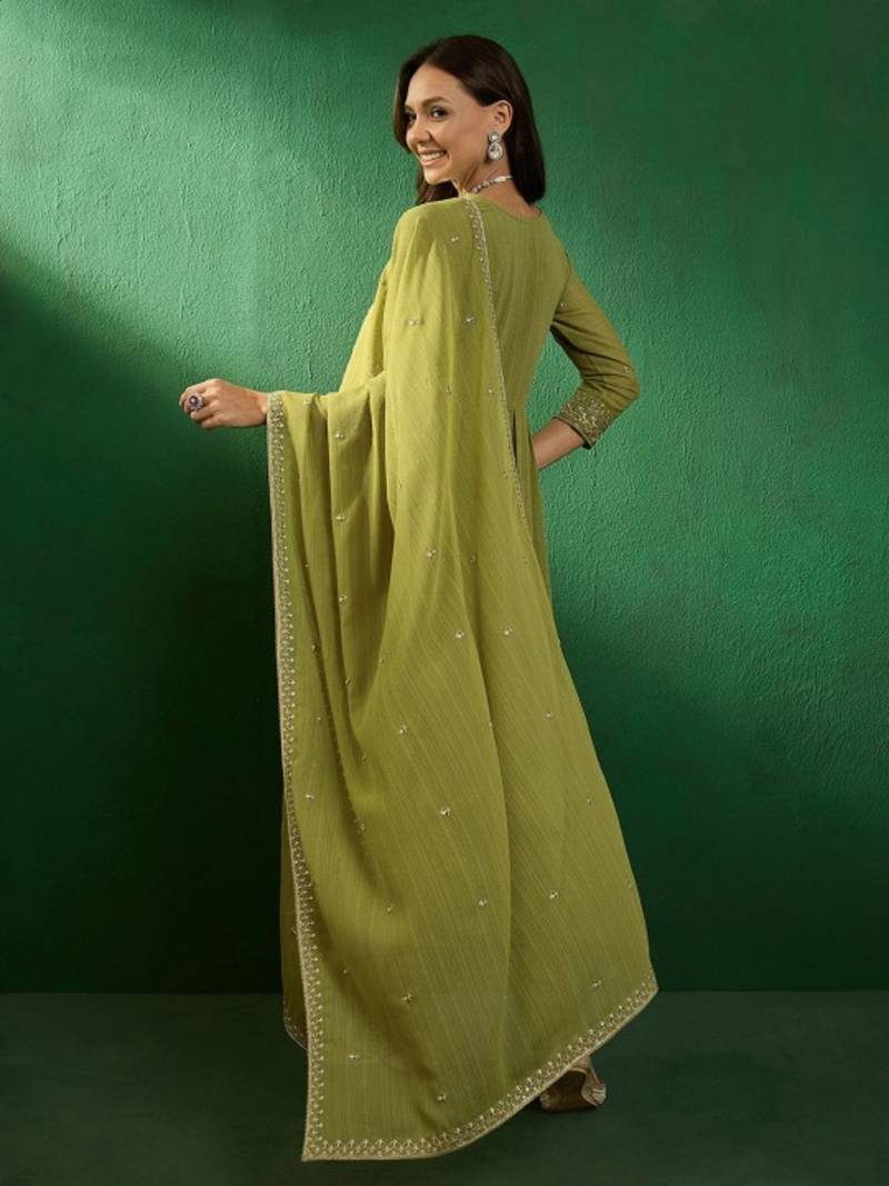 green georgette embroidered straight kurta pant and dupatta set