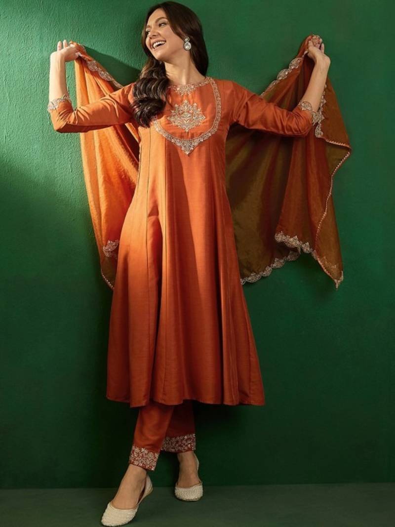 orange vichitra embroidered flared anarkali pant and dupatta set
