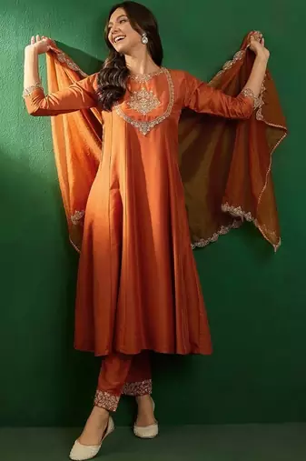 orange vichitra embroidered flared anarkali pant and dupatta set