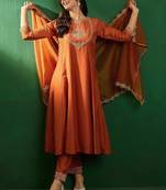 orange vichitra embroidered flared anarkali pant and dupatta set