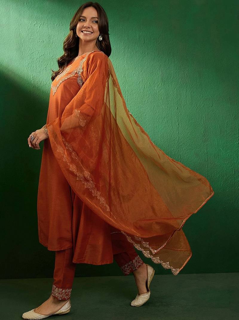orange vichitra embroidered flared anarkali pant and dupatta set