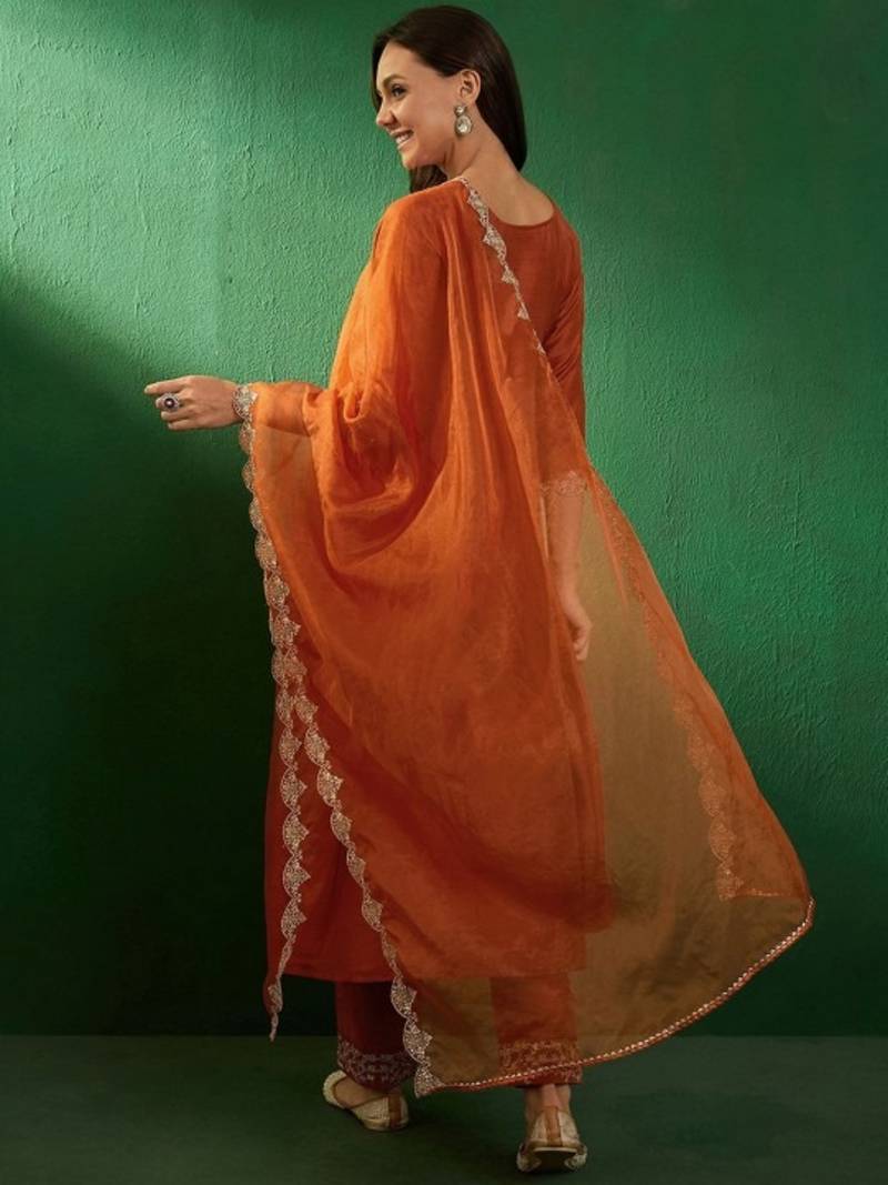 orange vichitra embroidered flared anarkali pant and dupatta set