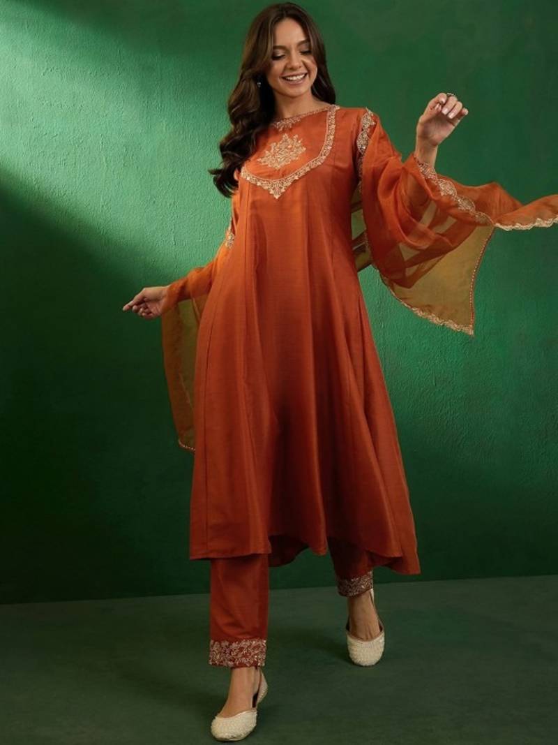 orange vichitra embroidered flared anarkali pant and dupatta set
