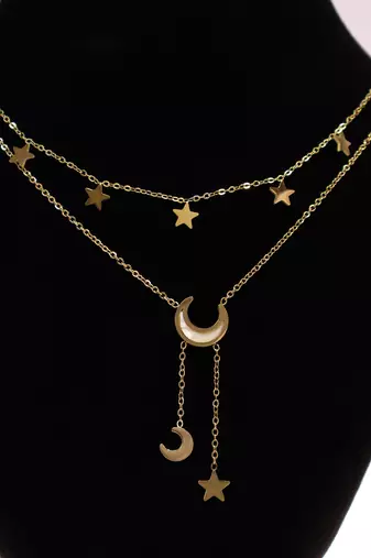Women’s gold plated moon & star layered necklace | celestial fashion jewelry