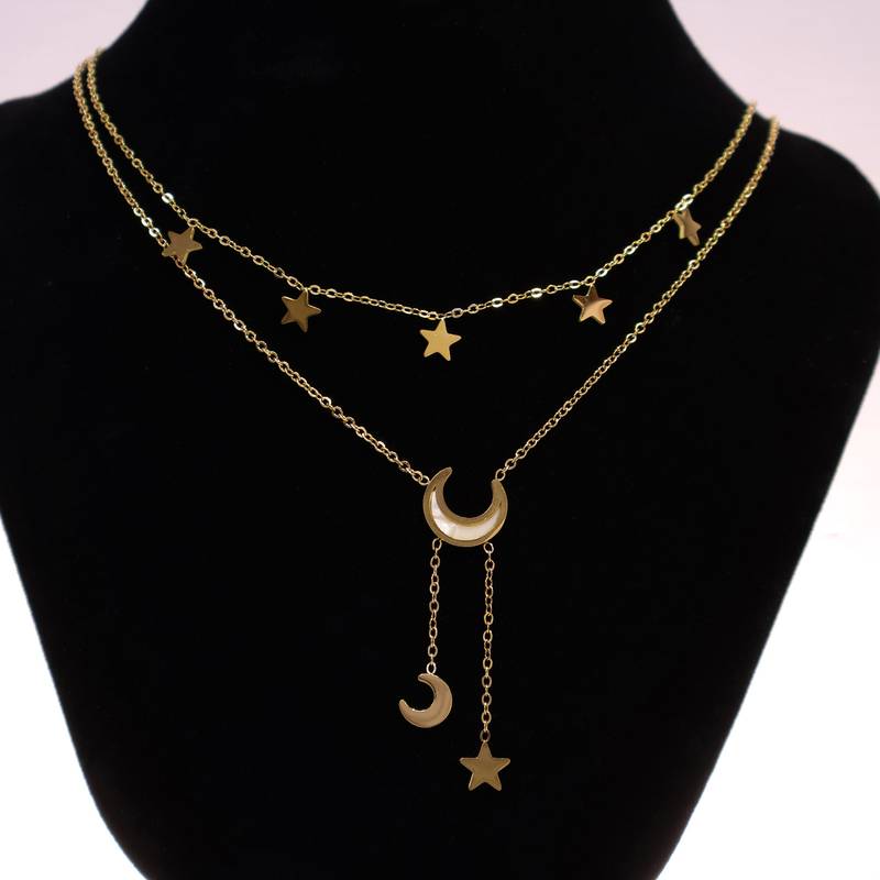 Women’s gold plated moon & star layered necklace | celestial fashion jewelry