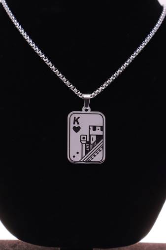 Abhika creations king of hearts card pendant necklace for men | stainless steel chain silver plated chain