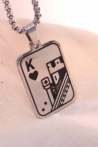 Abhika creations king of hearts card pendant necklace for men | stainless steel chain silver plated chain