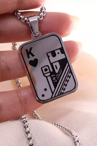 Abhika creations king of hearts card pendant necklace for men | stainless steel chain silver plated chain