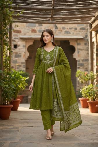 green cotton embroidered flared anarkali pant and dupatta set