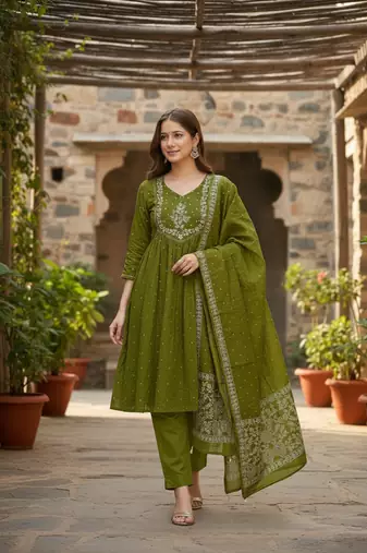 green cotton embroidered flared anarkali pant and dupatta set