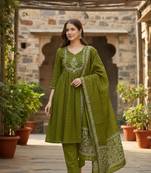 green cotton embroidered flared anarkali pant and dupatta set