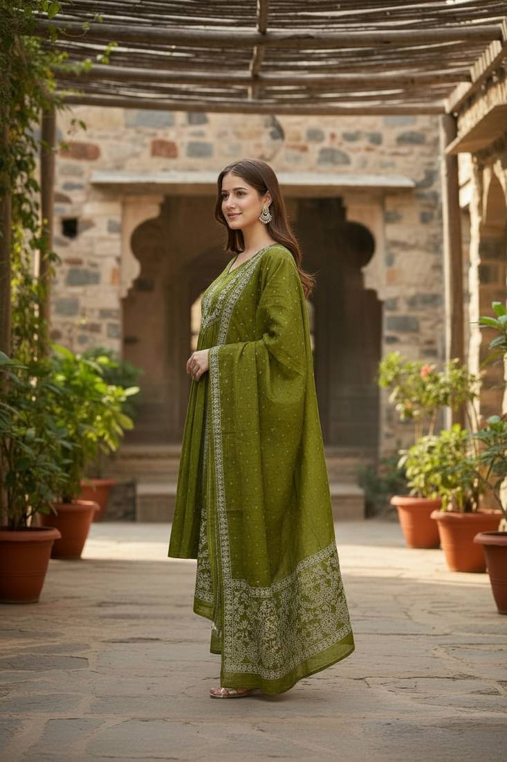green cotton embroidered flared anarkali pant and dupatta set