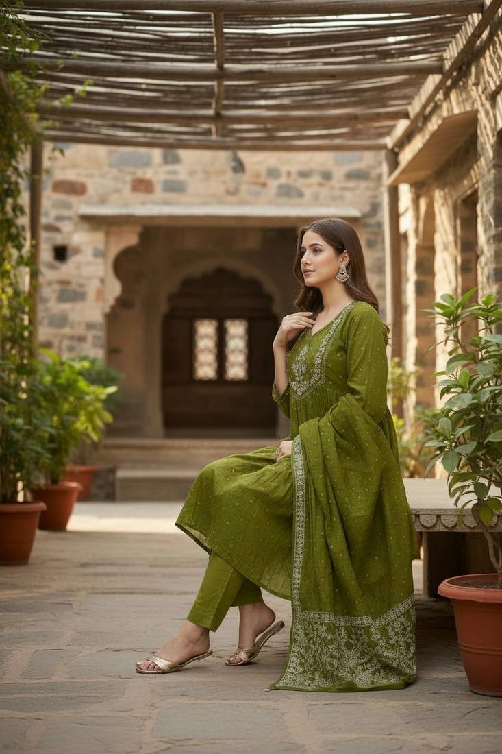 green cotton embroidered flared anarkali pant and dupatta set