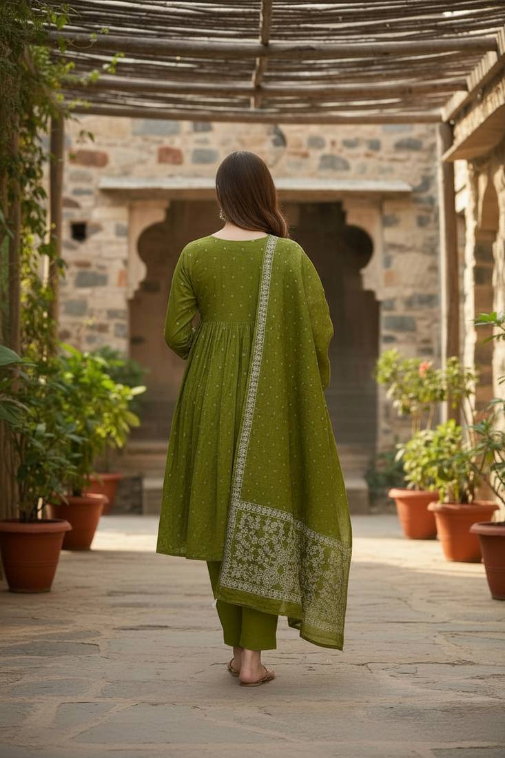 green cotton embroidered flared anarkali pant and dupatta set