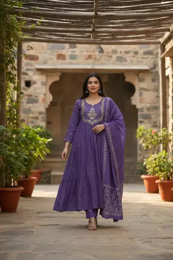 blue cotton embroidered flared anarkali pant and dupatta set