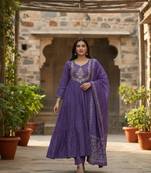 blue cotton embroidered flared anarkali pant and dupatta set
