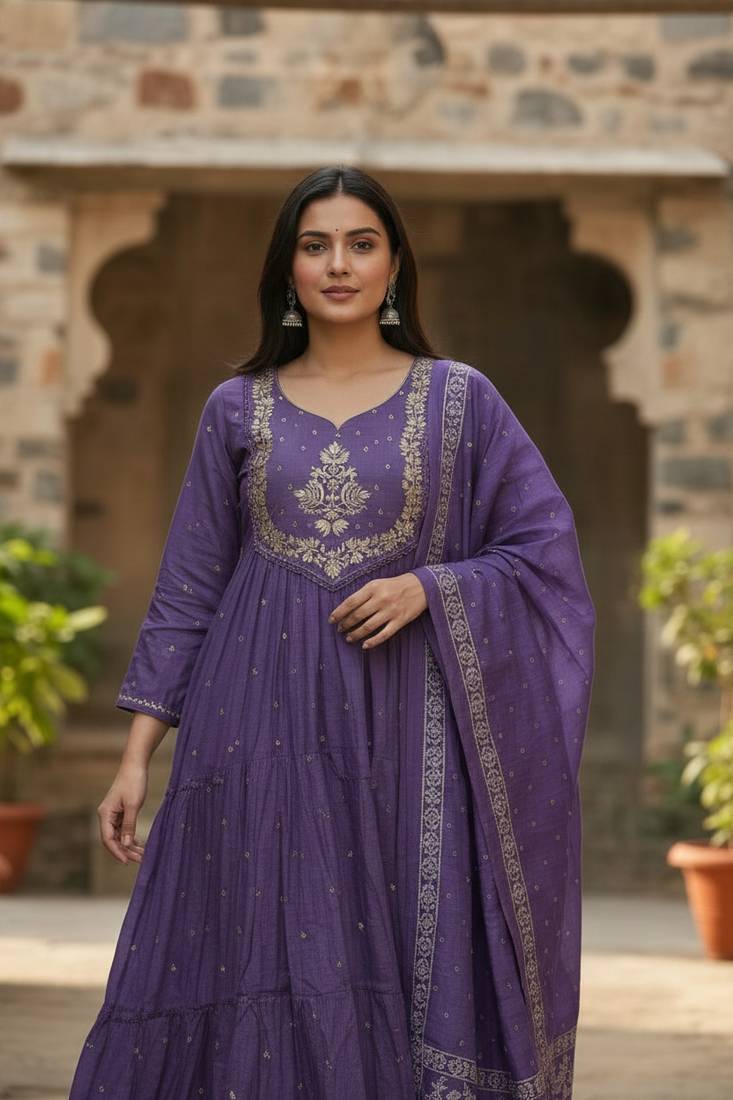 blue cotton embroidered flared anarkali pant and dupatta set