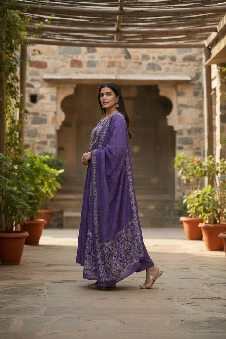 blue cotton embroidered flared anarkali pant and dupatta set