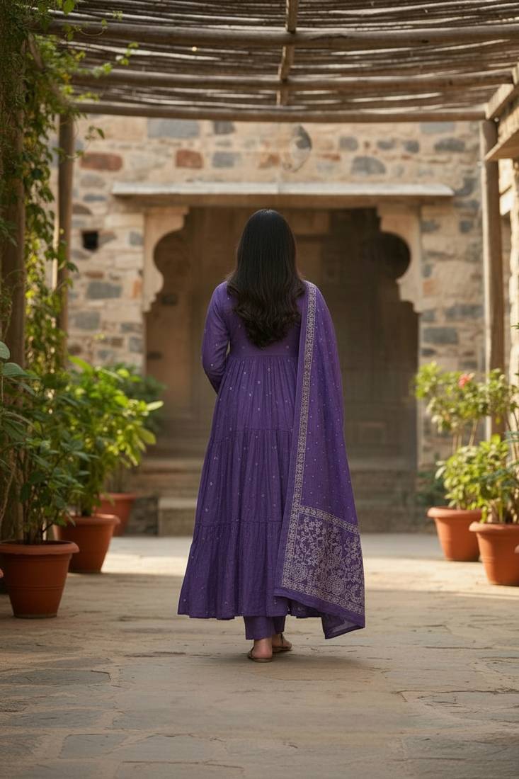 blue cotton embroidered flared anarkali pant and dupatta set