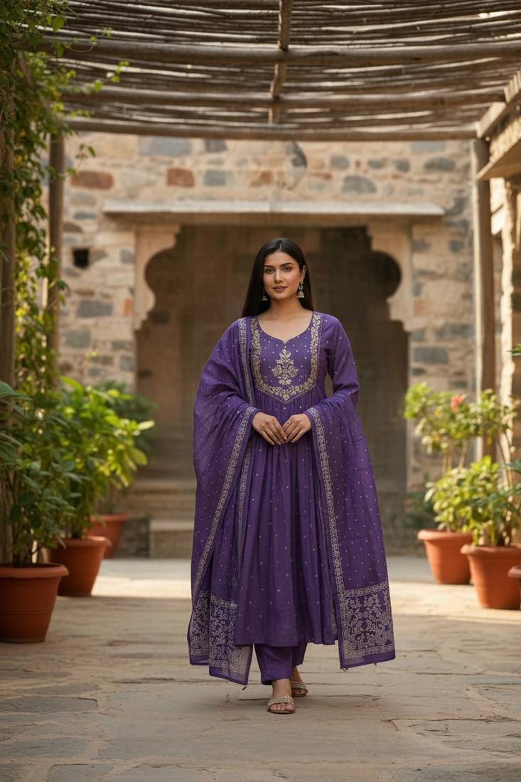 blue cotton embroidered flared anarkali pant and dupatta set