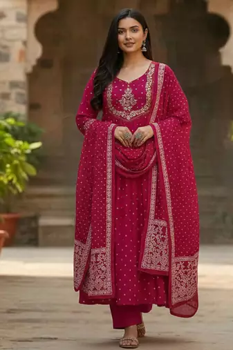 pink cotton embroidered flared anarkali pant and dupatta set