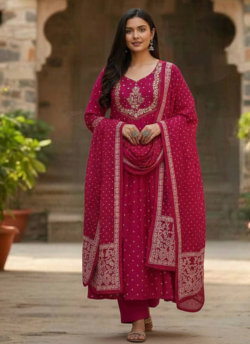 pink cotton embroidered flared anarkali pant and dupatta set