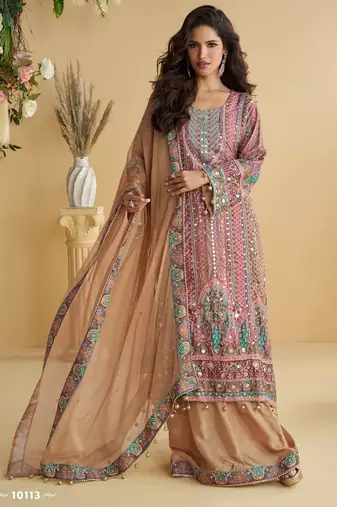 Pink heavy crepe digital print full stitched palazzo suits