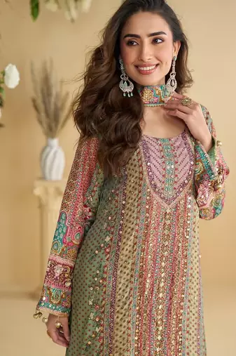 Peach heavy crepe digital print full stitched palazzo suits