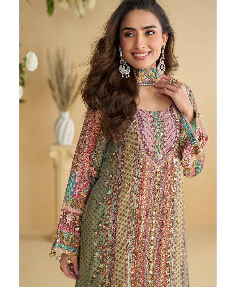 Peach heavy crepe digital print full stitched palazzo suits