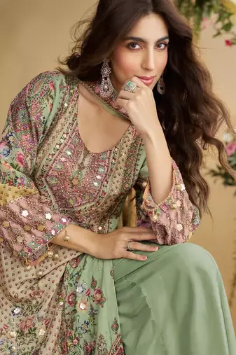 Pastel green heavy crepe digital print full stitched palazzo suits
