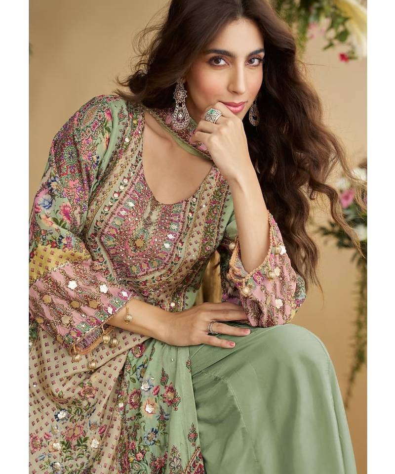 Pastel green heavy crepe digital print full stitched palazzo suits
