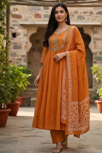 orange cotton embroidered flared anarkali pant and dupatta set