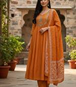 orange cotton embroidered flared anarkali pant and dupatta set