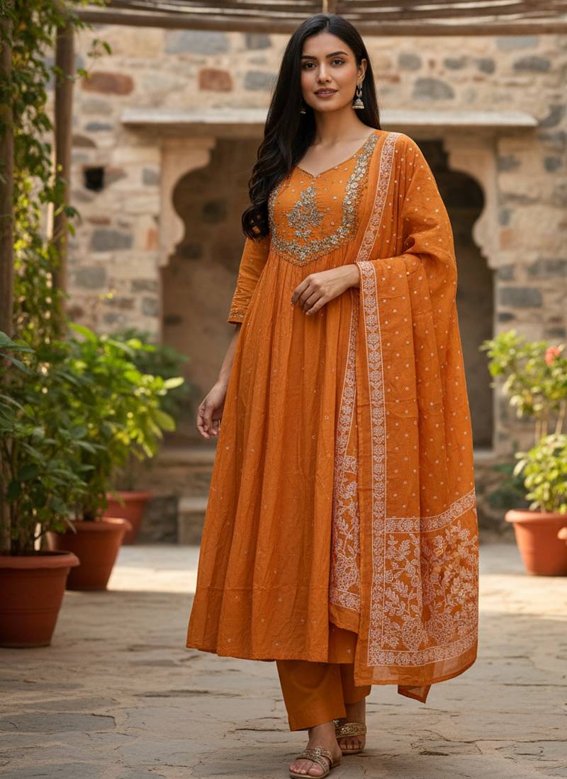 orange cotton embroidered flared anarkali pant and dupatta set