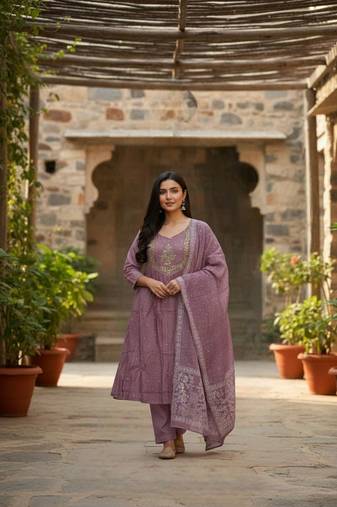 onioin pink cotton embroidered flared anarkali pant and dupatta set