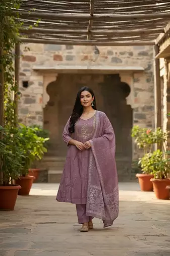 onioin pink cotton embroidered flared anarkali pant and dupatta set