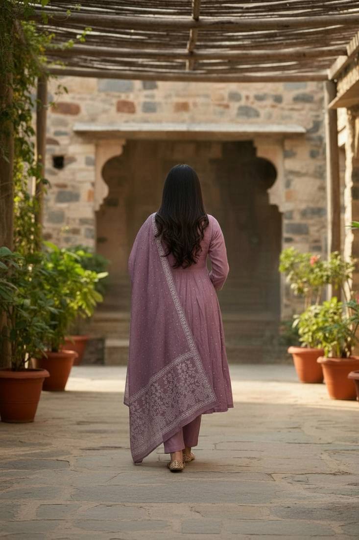 onioin pink cotton embroidered flared anarkali pant and dupatta set