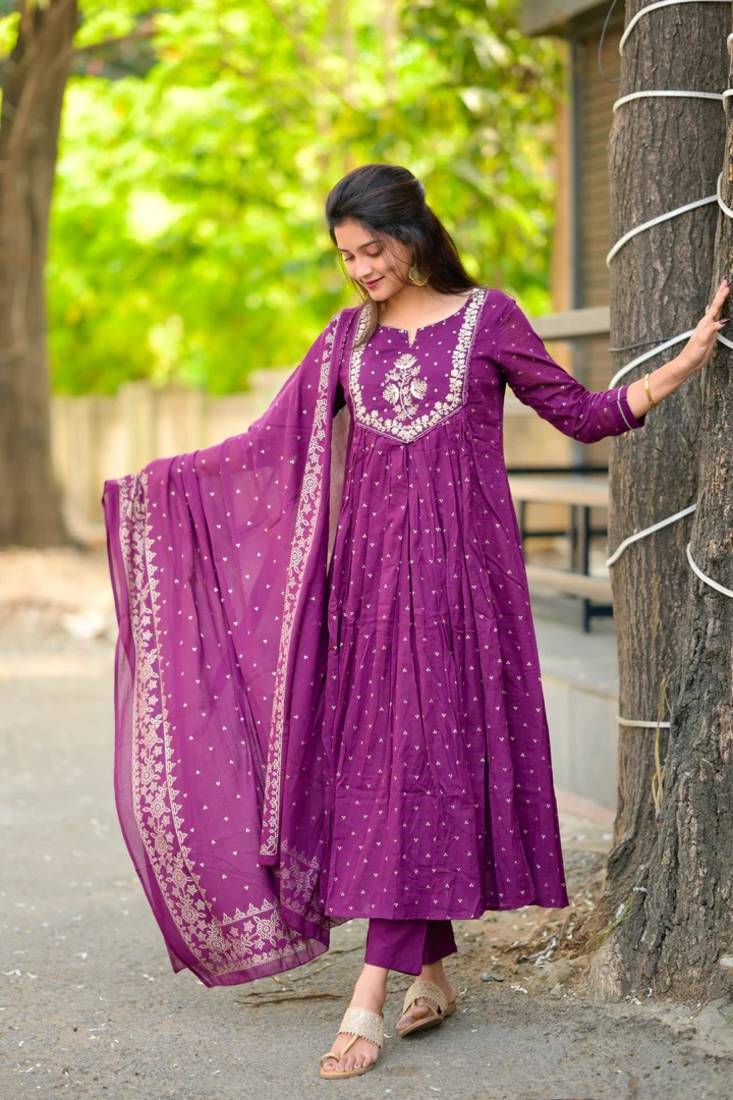 purple cotton embroidered flared anarkali pant and dupatta set