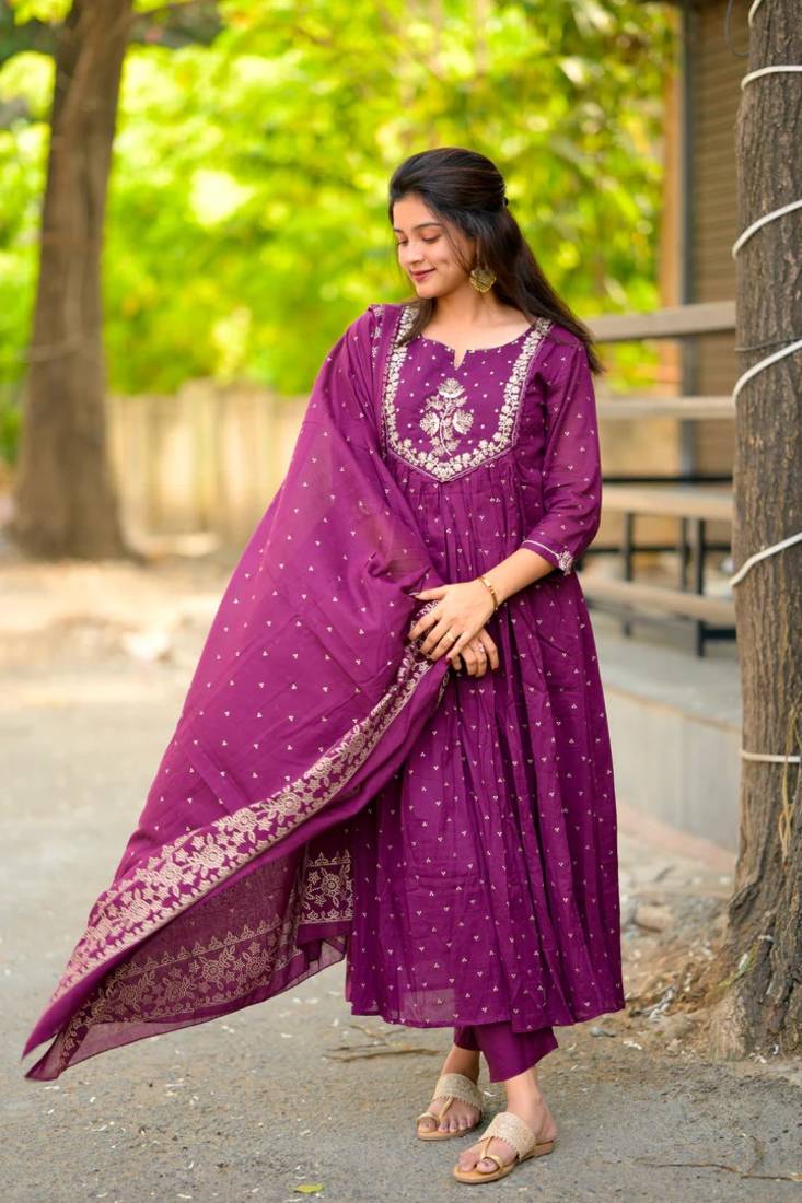purple cotton embroidered flared anarkali pant and dupatta set