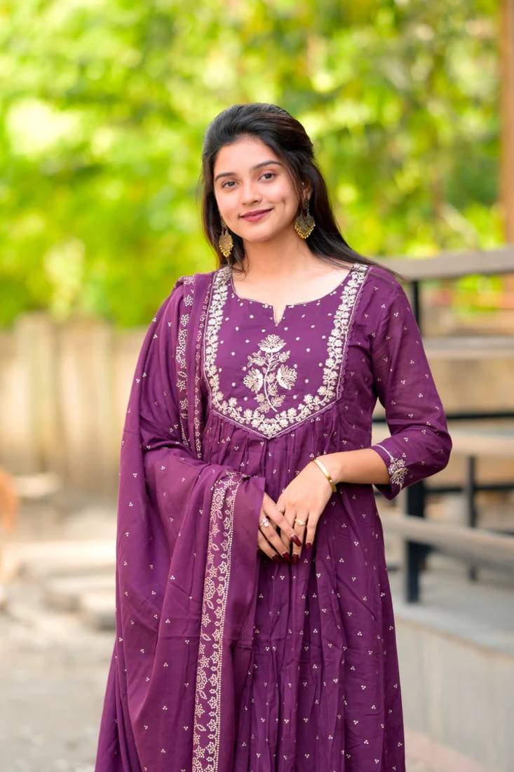 purple cotton embroidered flared anarkali pant and dupatta set