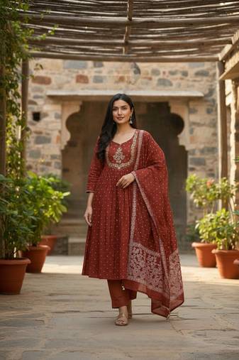brown cotton embroidered flared anarkali pant and dupatta set