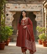 brown cotton embroidered flared anarkali pant and dupatta set