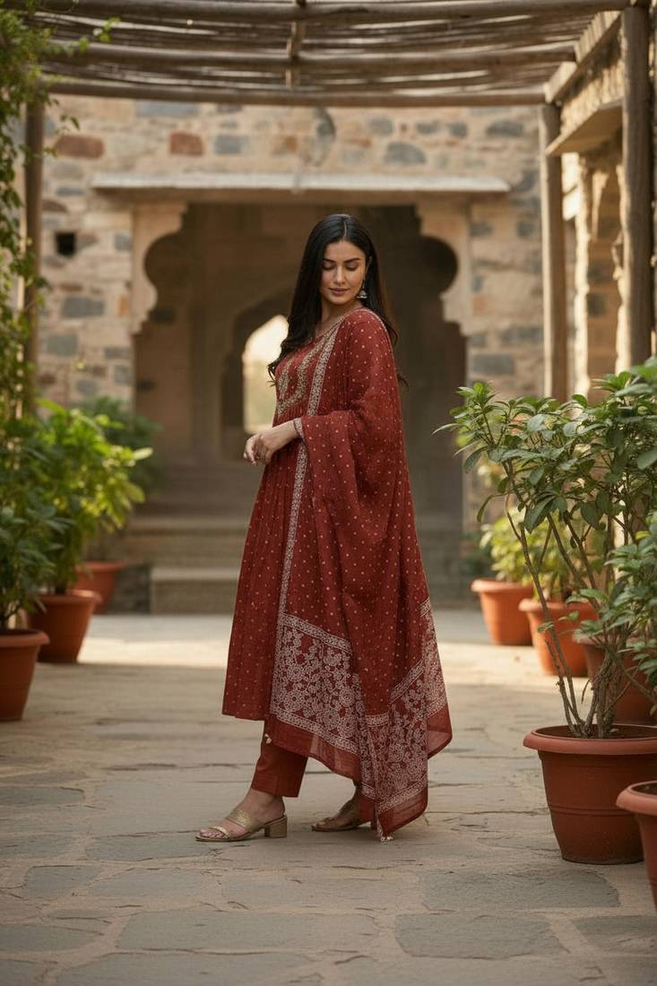 brown cotton embroidered flared anarkali pant and dupatta set