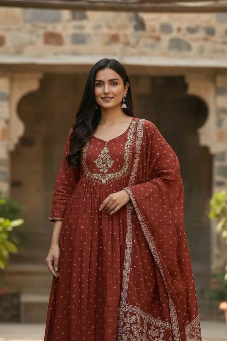 brown cotton embroidered flared anarkali pant and dupatta set