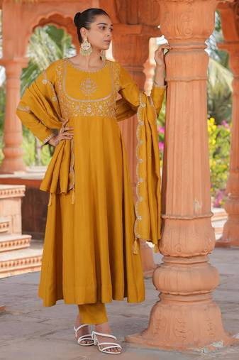 yellow vichitra silk embroidered flared anarkali pant and dupatta set
